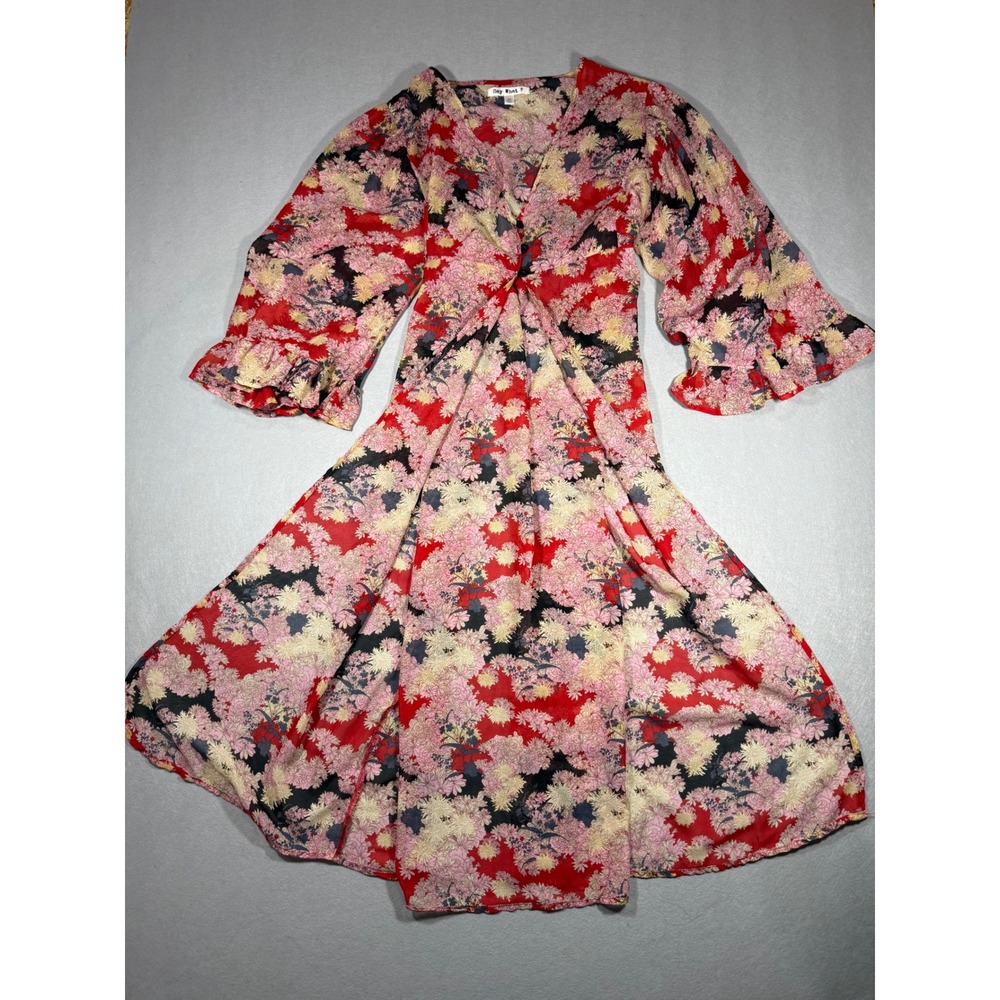 Sheer Whimsy Fairy Boho Feminine Floral Duster Red Pink Ruffle Sleeve S/M - Picture 4 of 16
